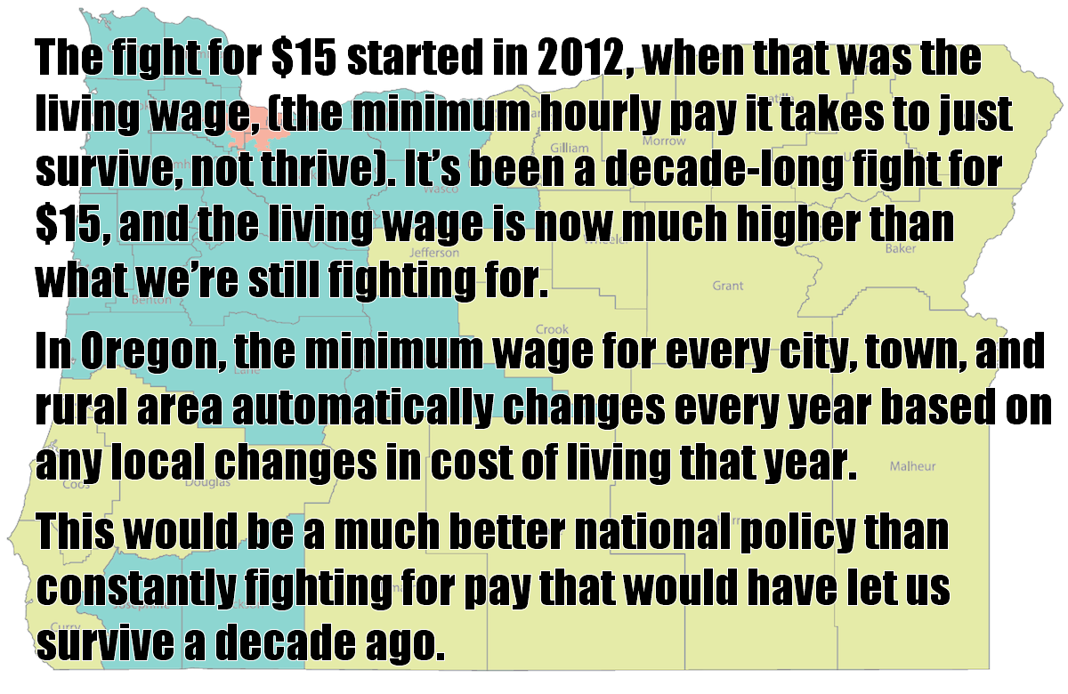 This meme is a humorous commentary on the concept of a "living wage" in the state of Oregon. The image shows a map of Oregon with a red outline around the state's western coast, implying that this is the area where the "living wage" is in effect. The text above the image reads: "In Oregon, the minimum wage for every city, town, and rural area automatically changes every year based on any local changes in cost of living."